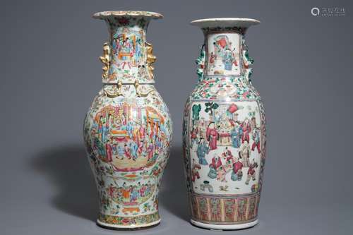 Two Chinese famille rose vases with court scenes, 19th C.