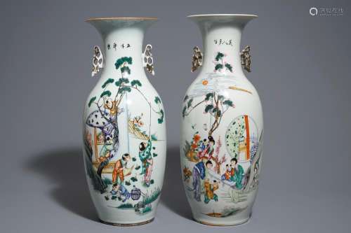 Two Chinese famille rose vases with figures in a garden, 19/20th C.