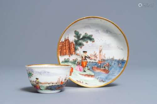 A Chinese famille rose Meissen-style 'Peter the Great' cup and saucer, Qianlong