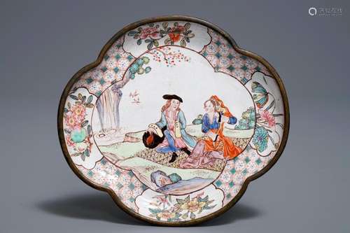 A Chinese Canton enamel quatrefoil 'Europeans' dish, Qianlong