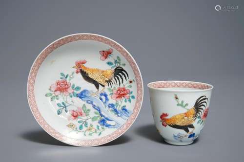 A Chinese famille rose cup and saucer with roosters, Yongzheng