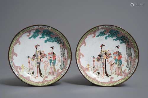 A pair of Chinese Canton enamel ruby back plates with Magu, Yongzheng