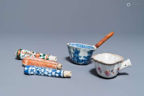 Three Chinese famille verte, rose and blue and white knife handles and two ladles, Kangxi/Qianlong