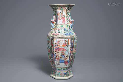 A Chinese famille rose hexagonal vase with figural design, 19th C.