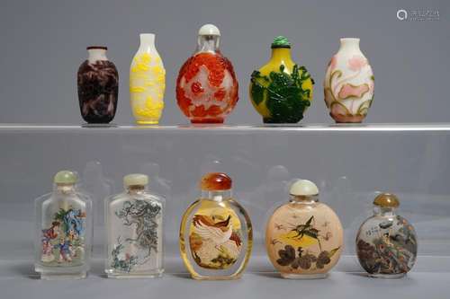 Ten Chinese overlay and inside-painted glass snuff bottles, 20th C.