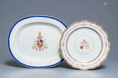 Two large Chinese famille rose armorial dishes, Qianlong