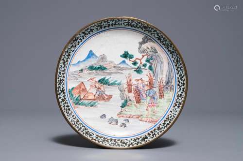 A Chinese Canton enamel plate with fishermen, Qianlong