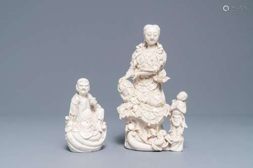 Two Chinese Dehua blanc de Chine models of a Luohan and Guanyin with servant, 19th C.