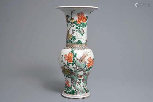 A Chinese famille verte yenyen vase with birds and flowers, Kangxi