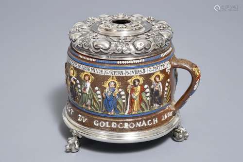 A Creussen stoneware mug dated 1656 with later Russian Fabergé silver mounts