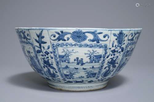 A large Chinese blue and white kraak porcelain bowl with figurative panels, Wanli