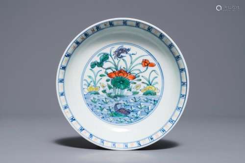 A Chinese doucai plate with ducks at a lotus pond, Yongzheng