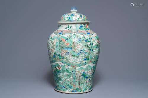 A large Chinese famille verte vase and cover with figures in fluvial landscapes, Kangxi