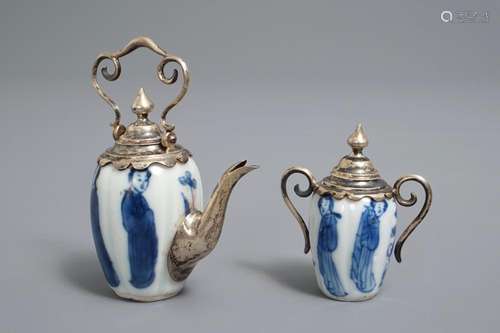 Two Chinese blue and white silver-mounted miniatures, Kangxi