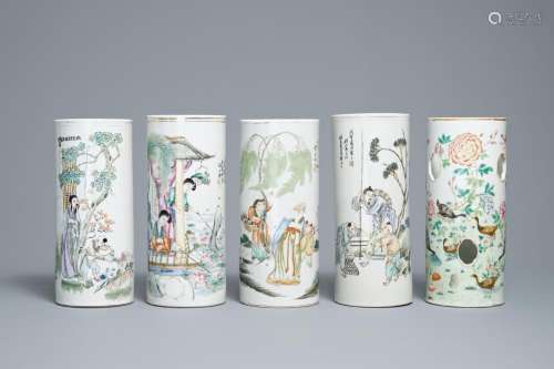 Five Chinese famille rose and qianjiang cai hat stands, 19/20th C.
