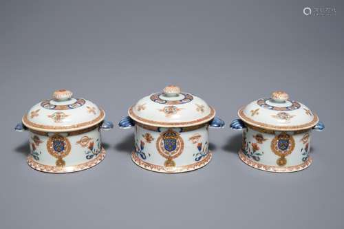 Three round Chinese armorial tureens and covers from the service of King Louis XV of France, Yongzheng, ca. 1732