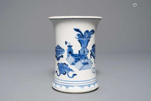 A Chinese blue and white brushpot with antiquities design, Kangxi