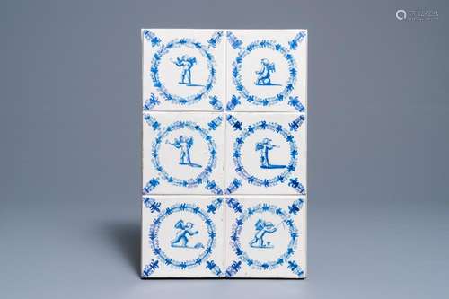 Six Dutch Delft blue and white tiles with cherubs, Haarlem, 17th C.