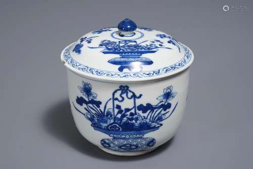 A Chinese blue and white bowl and cover with flower baskets, Kangxi