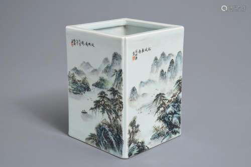 A square Chinese qianjiang cai brush pot with landscapes, 20th C.