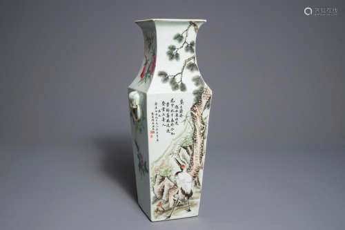 A square Chinese qianjiang cai vase, early 20th C., Jiangxi Porcelain Company mark