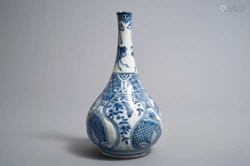 A Chinese blue and white moulded kraak porcelain bottle vase, Wanli