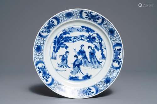 A Chinese blue and white dish with long Eliza playing music, Kangxi