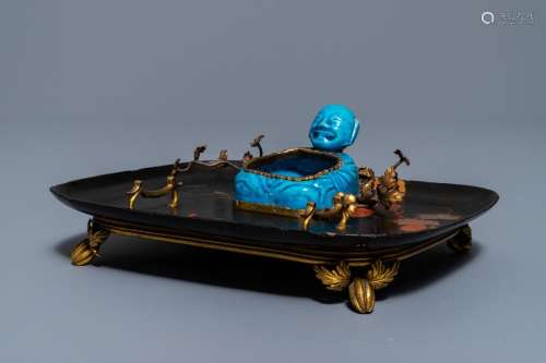 A French lacquer and gilt bronze inkwell with a Chinese turquoise-glazed brushwasher, Kangxi and 19th C.