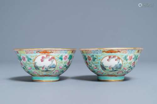 A pair of Chinese famille rose turquoise ground bowls, Republic, 20th C.