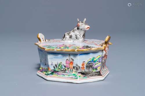 A polychrome Dutch Delft petit feu and doré butter tub with a reclining cow, 19th C.