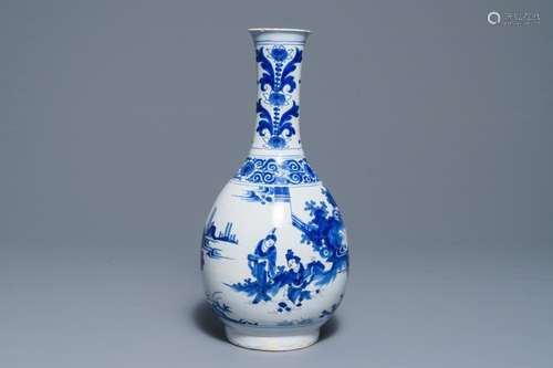 A tall Dutch Delft blue and white chinoiserie bottle vase, Nevers, France, 17th C.