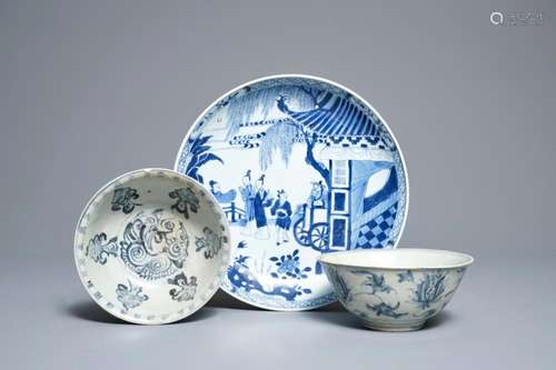 Two Chinese blue and white Ming-bowls and a plate with figures in garden, Kangxi