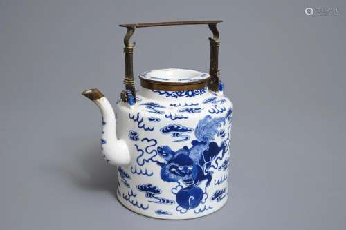 A Chinese bleu and white Bencharong style teapot for the Thai market, 19th C.