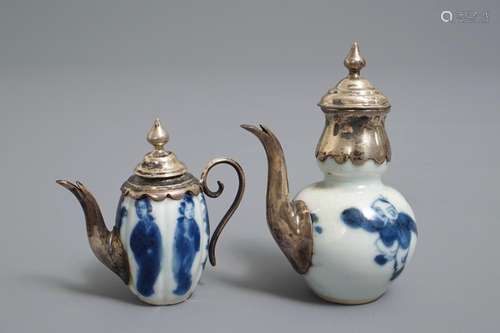 Two Chinese blue and white silver-mounted miniature teapots, Kangxi