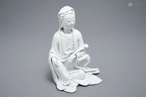 A Chinese blanc de Chine model of Guanyin with incised mark, 18th C.