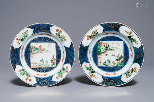 A pair of Chinese famille verte and powder blue plates, Kangxi