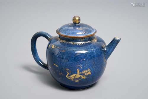 A Chinese powder blue and gilt teapot and cover, Kangxi