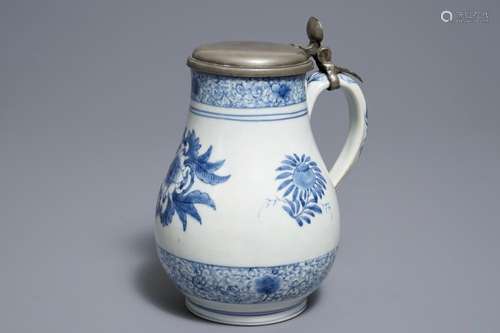 A Japanese blue and white pewter-mounted Arita jug, Edo, 17/18th C.