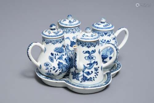 A Chinese blue and white cruet set on stand, Qianlong