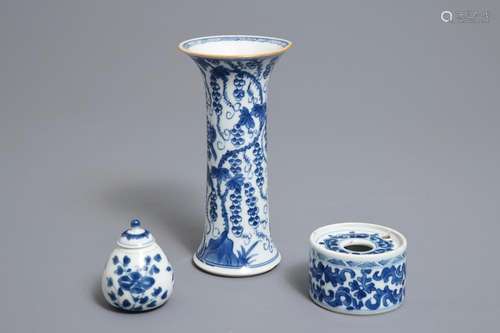 A Chinese blue and white inkwell and two vases, Kangxi