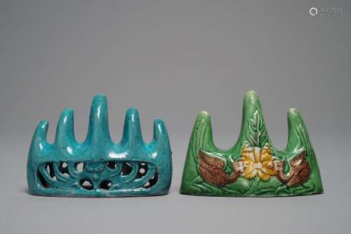 Two Chinese turquoise-glazed and verte biscuit brush rests, Kangxi