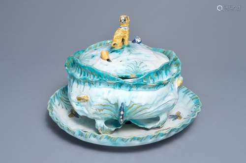 A Brussels faience tureen and cover on stand with butterflies and caterpillars, 18th C.