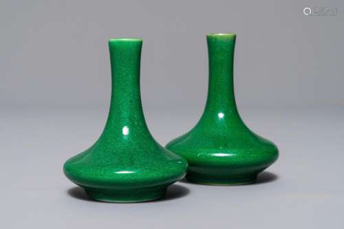 A pair of Chinese miniature monochrome green vases, Kangxi