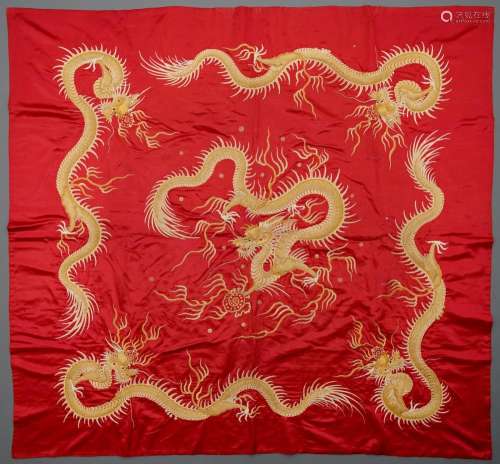 A Vietnamese embroiered red ground silk panel with dragons, 19th C.