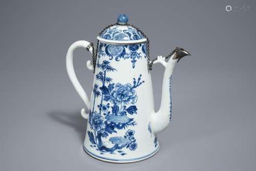 A Chinese blue and white silver-mounted jug and cover, Qianlong