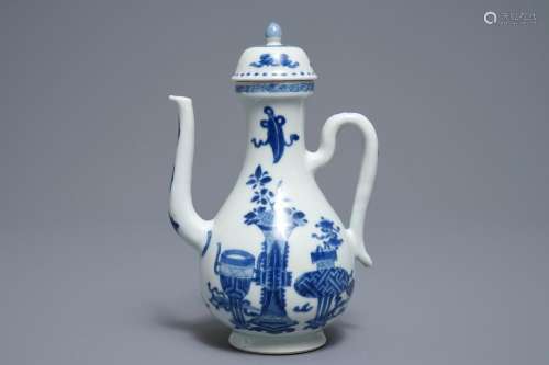 A Chinese blue and white ewer and cover with antiquities design, Kangxi