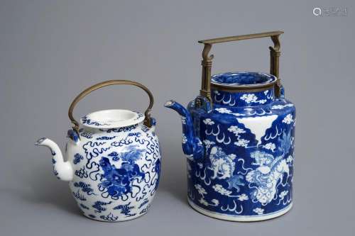 Two large Chinese blue and white Bencharong style teapots for the Thai market, 19th C.