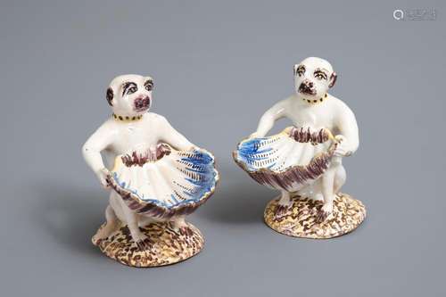 A pair of polychrome Brussels faience monkey-shaped salts, 18th C.