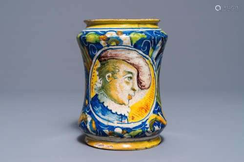 An Italian maiolica drug jar of 'albarello' type, Venice, 2nd half 16th C.