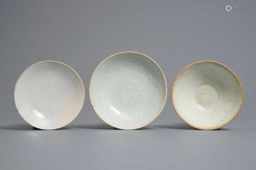 Two Chinese qingbai bowls and a plate with underglaze design, Song